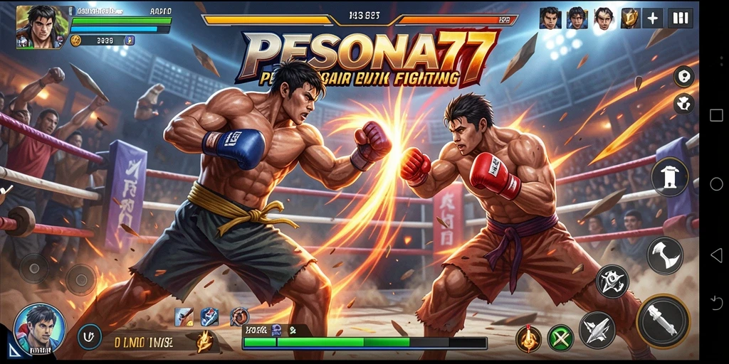 Screenshot utama PESONA77 menampilkan pertarungan intens antar karakter.