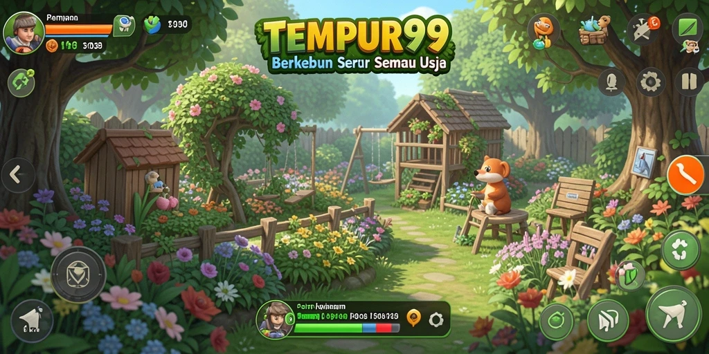 Screenshot gameplay TEMPUR99 menunjukkan ladang hijau yang subur dan hewan ternak yang ceria.